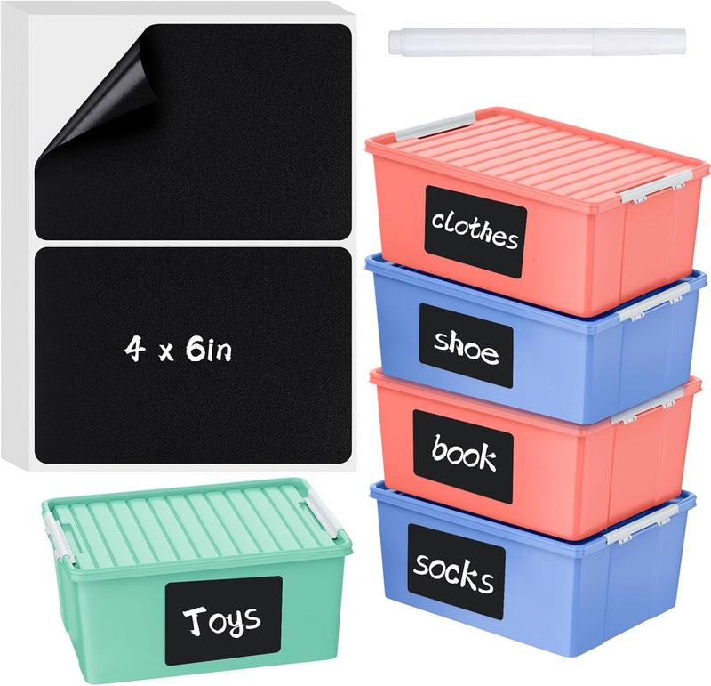 Thboxes 100 Pcs Labels for Storage Bins, 6 x 4 inch Black Large Label Stickers with 1 Liquid Chalk Marker Removable Labels Adhesive Chalkboard Labels Tear Resistant No Residue for School Business Home - Image 1